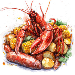 Watercolor Crawfish Boil with Corn and Potatoes