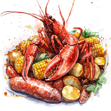 Watercolor Crawfish Boil with Corn and Potatoes