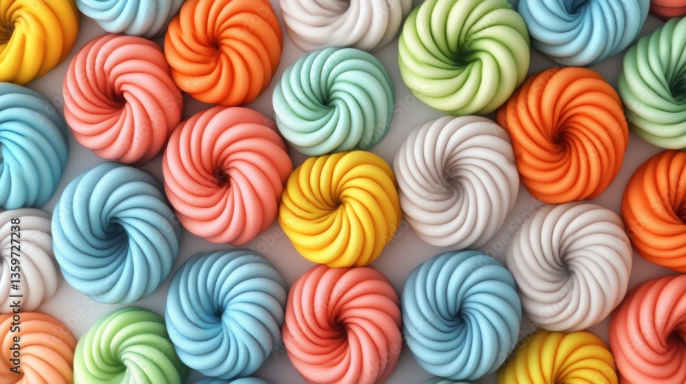 Poster close-up overhead view of colorful pastel candy with swirl patterns arranged in a tight arrangement 