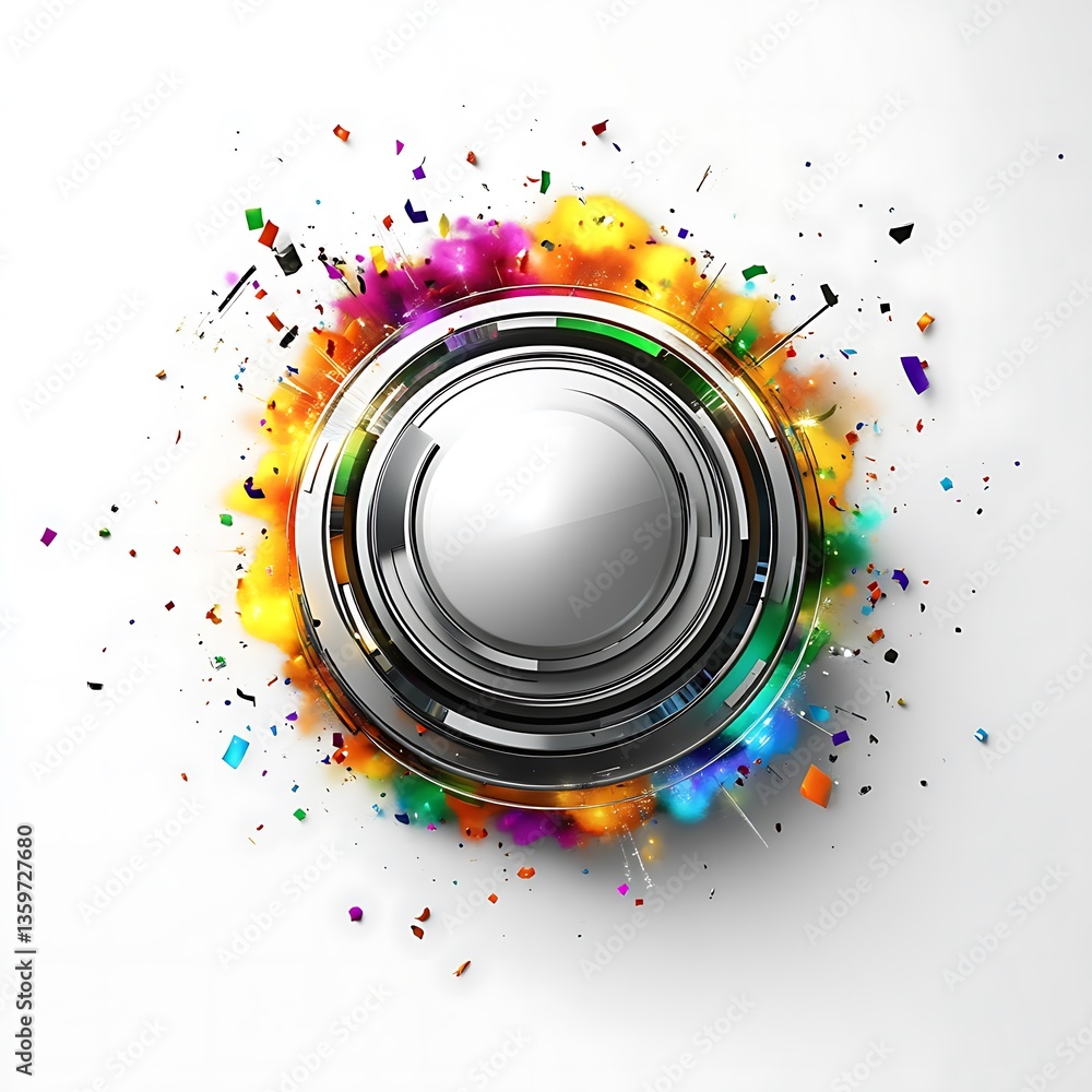 Poster colorful explosion behind metallic button; digital design element