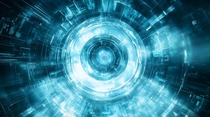 A glowing blue digital circle tunnel with intricate lines and shapes