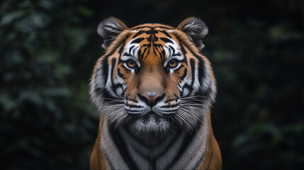 Fototapeta premium White tiger portrait. Portrait of a bengal tiger, Portrait of a tiger in the wild. Sumatran tiger coloring strips in the tropical rainforest 