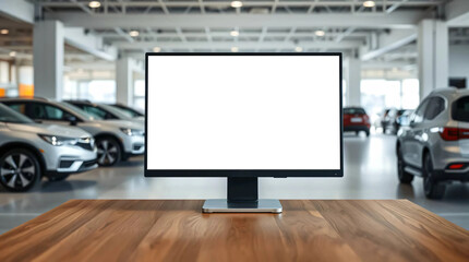Fototapeta premium Monitor with blank white screen on table for mockup, with a background in a modern car showroom