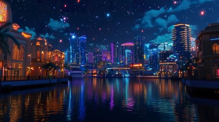 Obraz premium Nighttime Doha cityscape, featuring the skyline high-rises adorned with colorful neon lighting, a tranquil waterfront creating a picturesque reflection, and a faint glow of stars above 