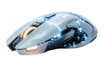 Gaming Mouse Evolution A futuristic sleek device glowing with power enhanced scrolling for immersive gameplay against a stark black background.