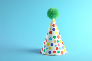 Isolated Party Hat with Pom Pom on Light Blue Background