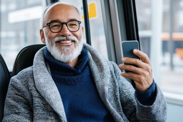 Smiling senior man using smartphone on public transport  