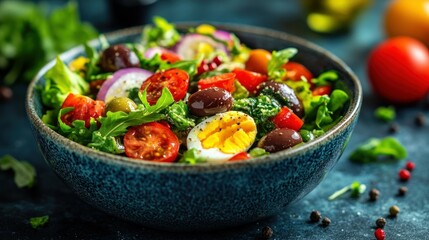 Vibrant Mediterranean salad bowl bursting with fresh greens, colorful vegetables, and protein