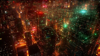 Fototapeta premium Nighttime urban skyline with a glowing web of lines and dots overlaying the cityscape, connecting buildings and streets in a network, warm lights from windows complementing the neon digital overlay