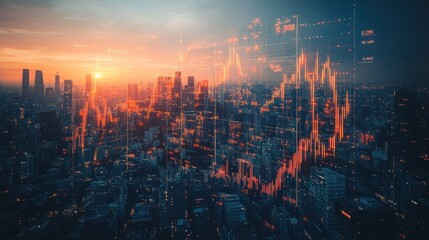 Fototapeta premium “Concept of Growth in the Real Estate Market with a Double Exposure of a Cityscape and Financial Graphs”