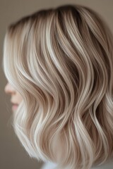 Fototapeta premium Stylish wavy blonde hairstyle showcasing a beautiful blend of colors in a warm indoor setting during daylight