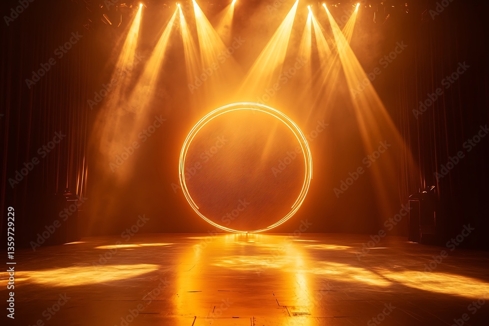 Poster illuminated stage with glowing circular frame.