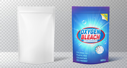 Templates of foil pouch with zipper. Blank stand up plastic bags for eatable or uneatable products. Vector realistic package with zip lock isolated on checkered background for commercial design.