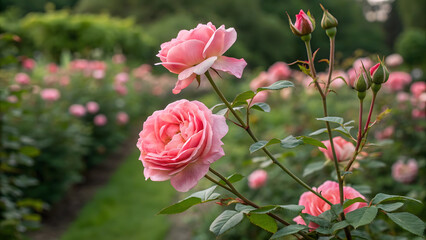 Obraz premium Pink rose in the garden, Pink roses in full bloom on a garden shrub, a rosebud on a stick, and pink roses in a garden with green foliage. 