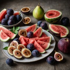 A nutritious fruit breakfast plate with neatly sliced watermelon, plums, and figs.