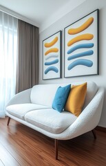 A cozy corner with a plush sofa, abstract artwork, 