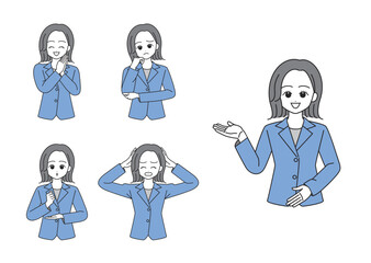 スーツを着た働く女性のイラストセット（ブルー）