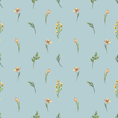 Seamless watercolor floral pattern with delicate wildflowers. Elegant hand-painted botanical design for fabric, wallpaper, invitations, and scrapbooking. Soft natural aesthetics in pastel tones