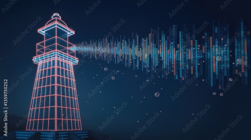 Poster illuminating the future: a digitally rendered lighthouse beams out a beacon of data, symbolizing gui