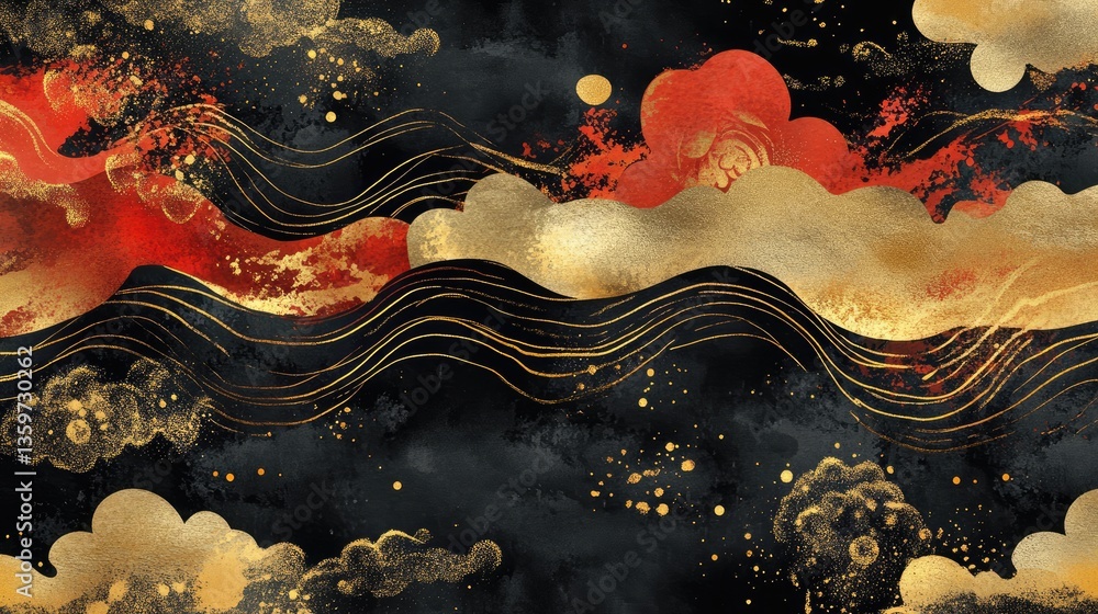 Poster abstract design featuring swirling clouds and waves in vibrant reds, golds, and blacks, creating a d