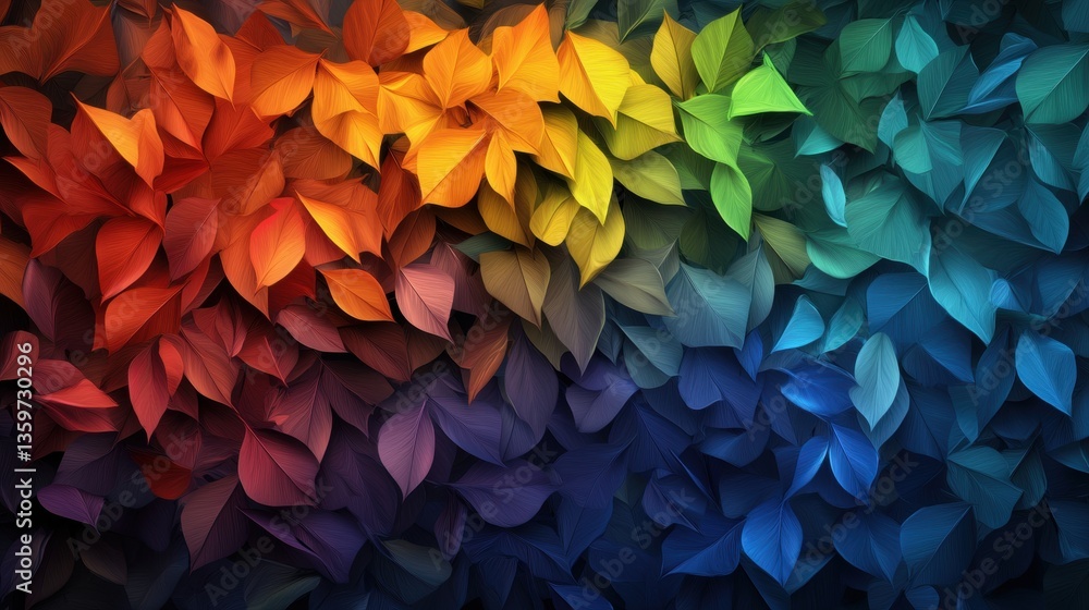 Poster a vibrant stylized image of colorful leaves transitioning through the rainbow from fiery oranges and