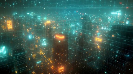 Fototapeta premium Panoramic cityscape with a web of glowing lines and dots overlayed, connecting buildings in a grid of light, the urban skyline illuminated by warm interior lights and neon signs 