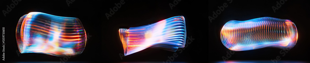 Poster three iridescent curved forms with internal light patterns