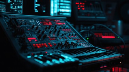 Naklejka premium Close-up of a Music Synthesizer with Illuminated Buttons and a Keyboard