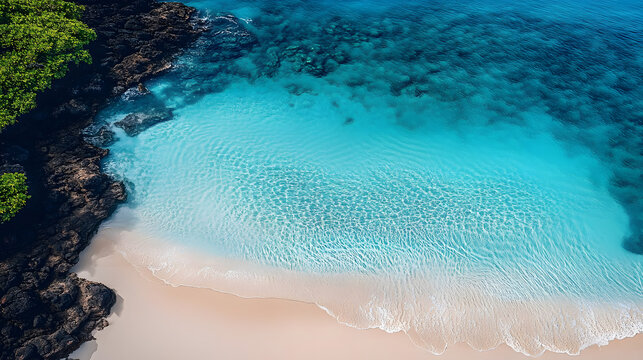 Aerial view of clear blue ocean water meets sandy beach in tropical paradise : Generative AI