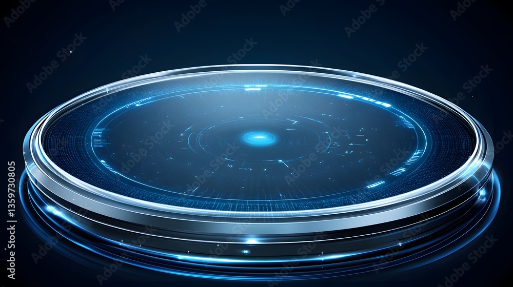 Poster a futuristic platform with illuminated circles on a dark background