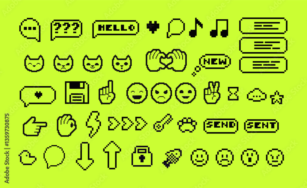 Poster set of pixel art speech bubbles and icons. wow. surprise. bang. bomb. retro game style dialogue box 