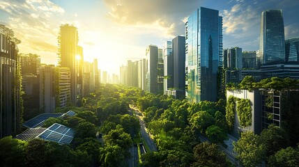 Panoramic view of a modern eco-friendly city with towering glass skyscrapers surrounded by lush green parks and tree-lined streets, sunlight reflecting off solar panels and green rooftops 