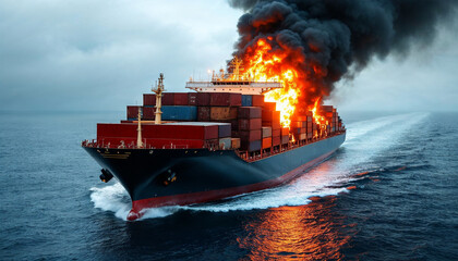 shipping ship logistic fire in the middle of the sea