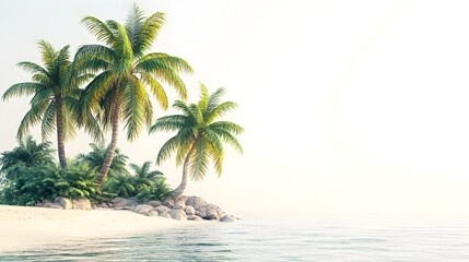 Serene tropical beach scene with lush palm trees on a small island at sunrise offe a tranquil vacation escape.