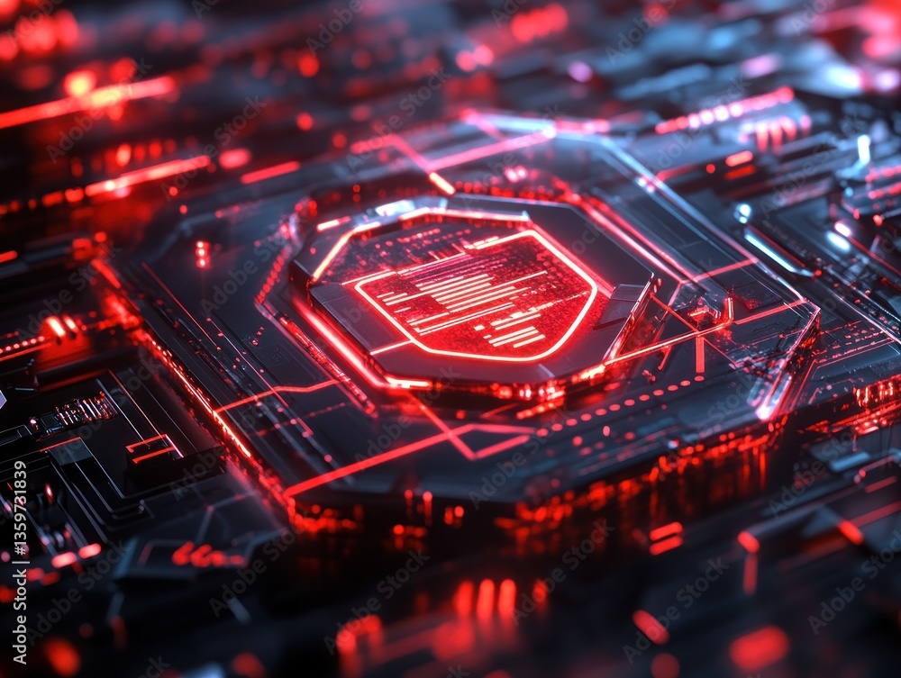 Aufkleber futuristic digital circuit board glowing in red with data flow