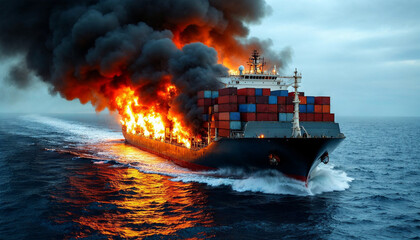 shipping ship logistic fire in the middle of the sea