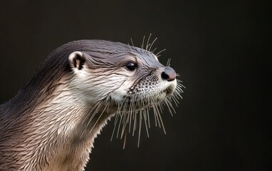 Fototapeta premium Close-up profile of a wet otter against a dark background. Water droplets are visible on its fur. The otter's expression is calm and observant