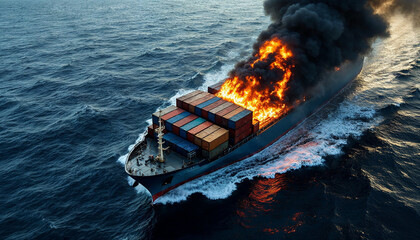shipping ship logistic fire in the middle of the sea