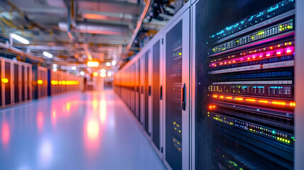 High-tech data center with server racks and glowing lights reflecting modern technology : Generative AI