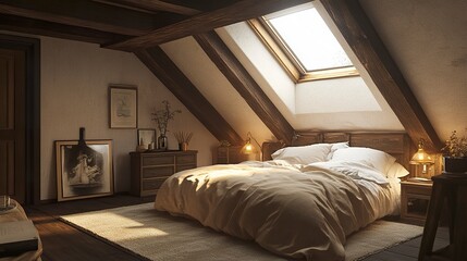 Fototapeta premium Quaint attic bedroom with dark wood beams, a skylight flooding natural light onto the bed, layered neutral bedding, soft golden lighting from a floor lamp, frontal shot, rustic warmth 