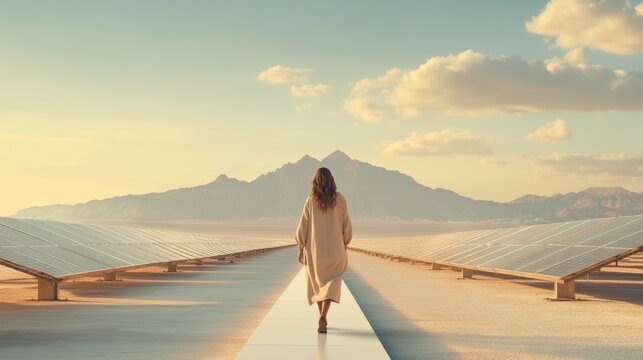 A woman strolls along a white path flanked by solar panels, as the sun sets behind distant mountains, creating a serene and inspiring moment