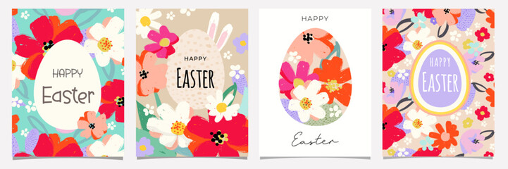 easter greeting card set , floral  textured artistic brush spring cover, hand drawn, spring, poster, flyer, background, vector illustration
