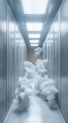 Misty hallway with clouds flowing through a modern corridor