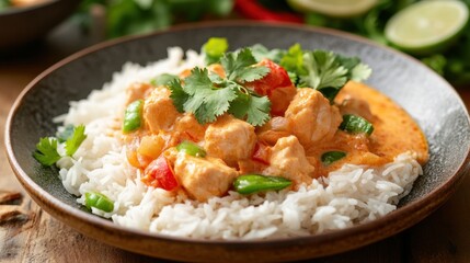 A beautifully presented Thai red curry dish served with jasmine rice and garnished with fresh cilantro.