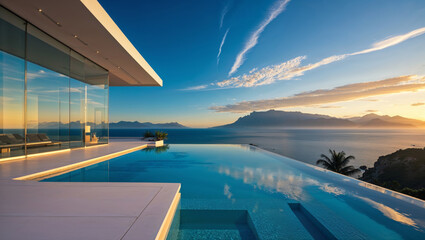 Fototapeta premium Luxury villa with an infinity pool offers stunning views of the ocean and mountains during a vibrant sunset.