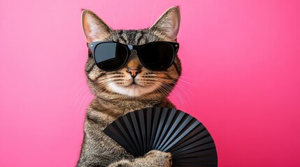 Fototapeta premium Stylish tabby cat in sunglasses holds a black hand fan against a pink background. Perfect for fashion, pet, or summer themed projects.
