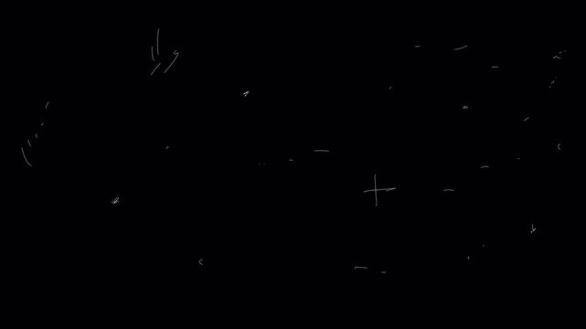 A video with scratches and white scuffs on a black screen. A vintage aging effect for nostalgic storytelling in 4K with an alpha channel. Thin chaotic white noise and surface damage.