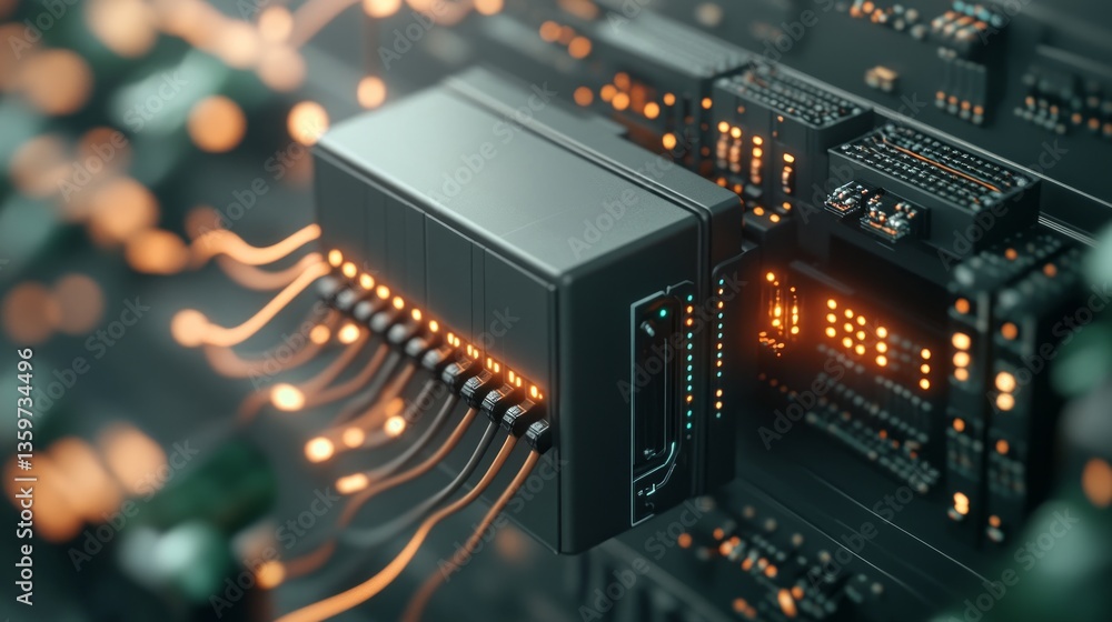 Poster detail of a circuit board featuring glowing elements and intricate connections, highlighting the ele