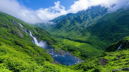 Obraz premium Serene Mountain Waterfall Valley Landscape