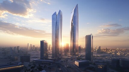 Fototapeta premium Towering buildings set against a vast blue sky, their bold architectural designs showcasing the city growth and ambition, clear light enhancing the urban details 